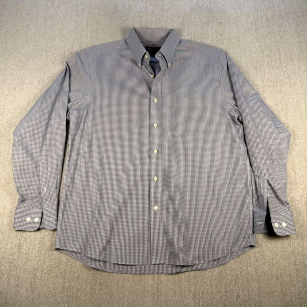 Eddie Bauer Button Down Shirt Mens Large Blue Micro‎ Check Relaxed Fit Cotton